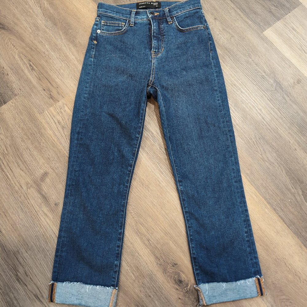 Veronica Beard Ryleigh High Rise Slim Straight Jean Capri 26 Raw Hem Oxford